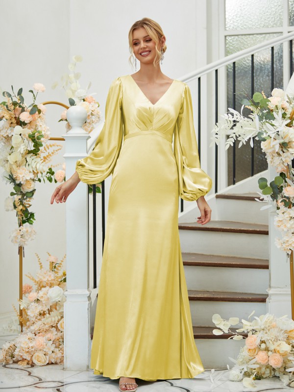 Sheath/Column Silk like Satin Ruched V-neck Long Sleeves Floor-Length Bridesmaid Dresses 3081