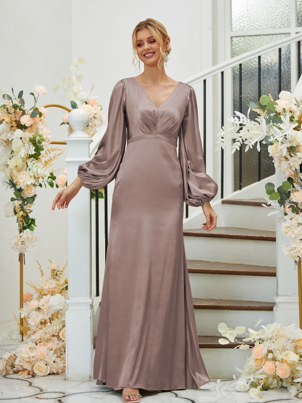 Sheath/Column Silk like Satin Ruched V-neck Long Sleeves Floor-Length Bridesmaid Dresses 3081