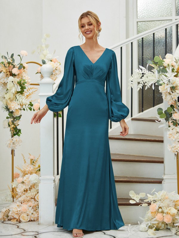 Sheath/Column Silk like Satin Ruched V-neck Long Sleeves Floor-Length Bridesmaid Dresses 3081