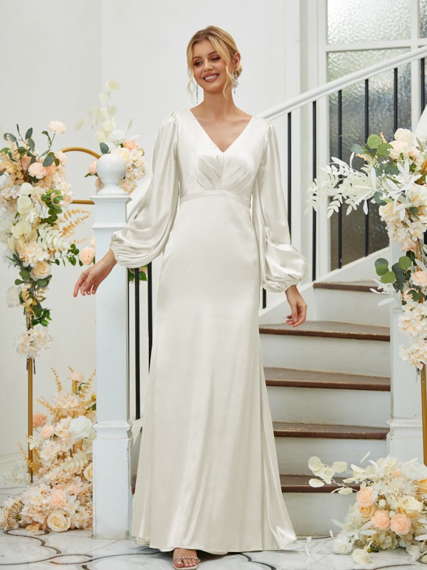 Sheath/Column Silk like Satin Ruched V-neck Long Sleeves Floor-Length Bridesmaid Dresses 3081