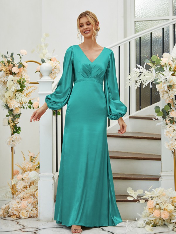 Sheath/Column Silk like Satin Ruched V-neck Long Sleeves Floor-Length Bridesmaid Dresses 3081