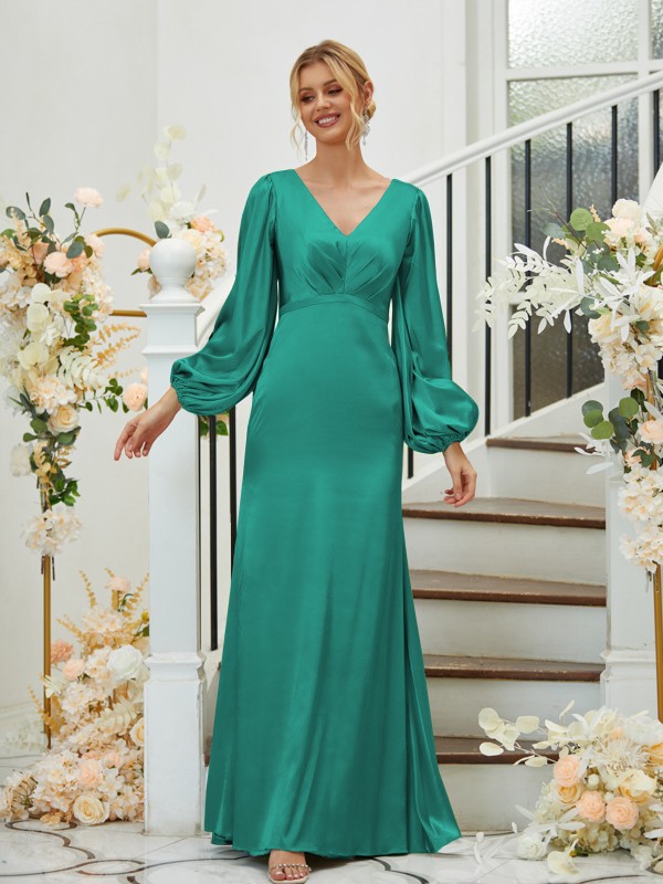 Sheath/Column Silk like Satin Ruched V-neck Long Sleeves Floor-Length Bridesmaid Dresses 3081