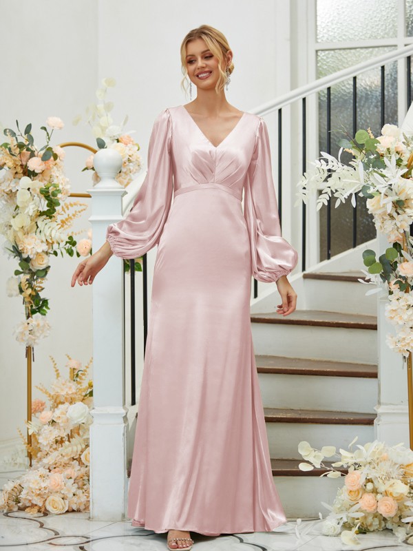 Sheath/Column Silk like Satin Ruched V-neck Long Sleeves Floor-Length Bridesmaid Dresses 3081