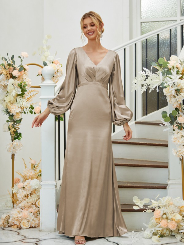 Sheath/Column Silk like Satin Ruched V-neck Long Sleeves Floor-Length Bridesmaid Dresses 3081