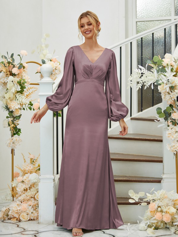 Sheath/Column Silk like Satin Ruched V-neck Long Sleeves Floor-Length Bridesmaid Dresses 3081