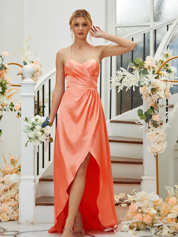 A-Line/Princess Elastic Woven Satin Ruched V-neck Sleeveless Asymmetrical Bridesmaid Dresses 2256