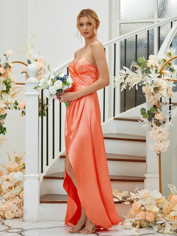 A-Line/Princess Elastic Woven Satin Ruched V-neck Sleeveless Asymmetrical Bridesmaid Dresses 2256