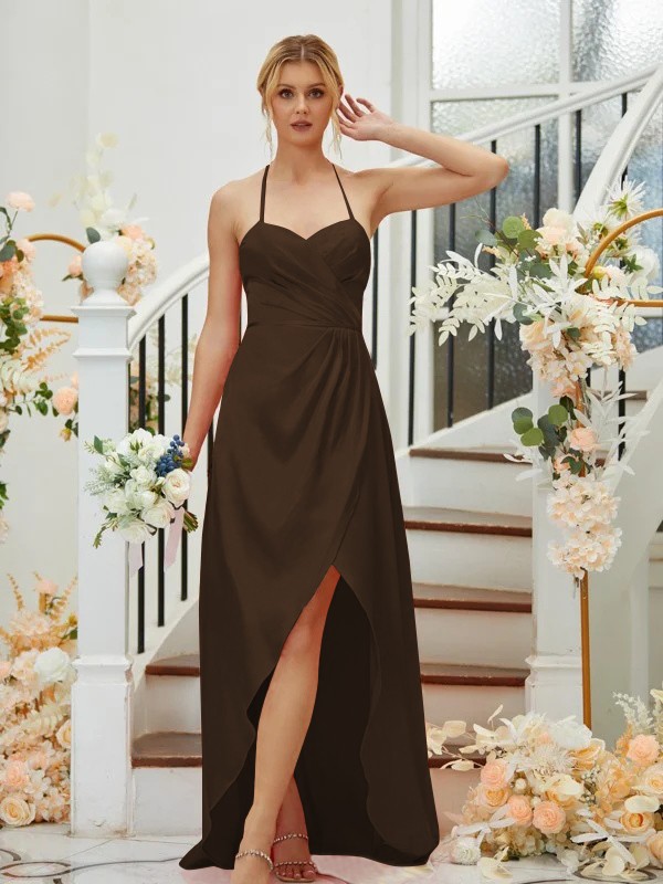 A-Line/Princess Elastic Woven Satin Ruched V-neck Sleeveless Asymmetrical Bridesmaid Dresses 2256