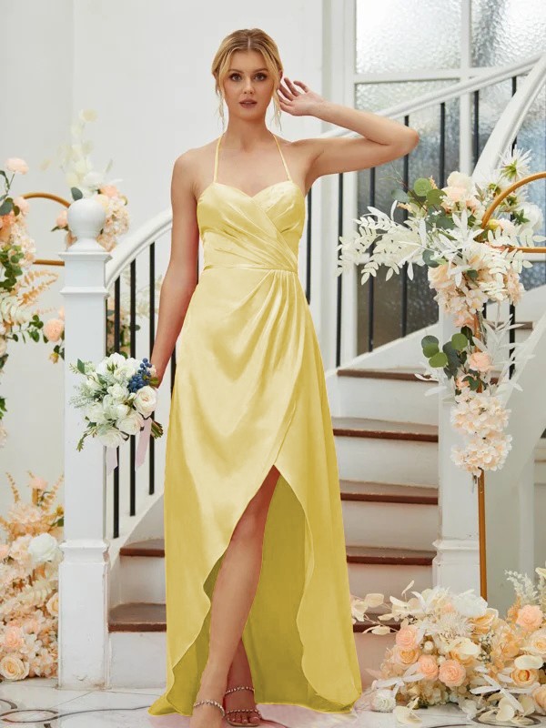 A-Line/Princess Elastic Woven Satin Ruched V-neck Sleeveless Asymmetrical Bridesmaid Dresses 2256