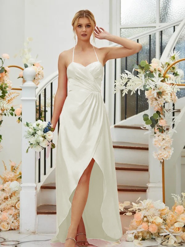 A-Line/Princess Elastic Woven Satin Ruched V-neck Sleeveless Asymmetrical Bridesmaid Dresses 2256