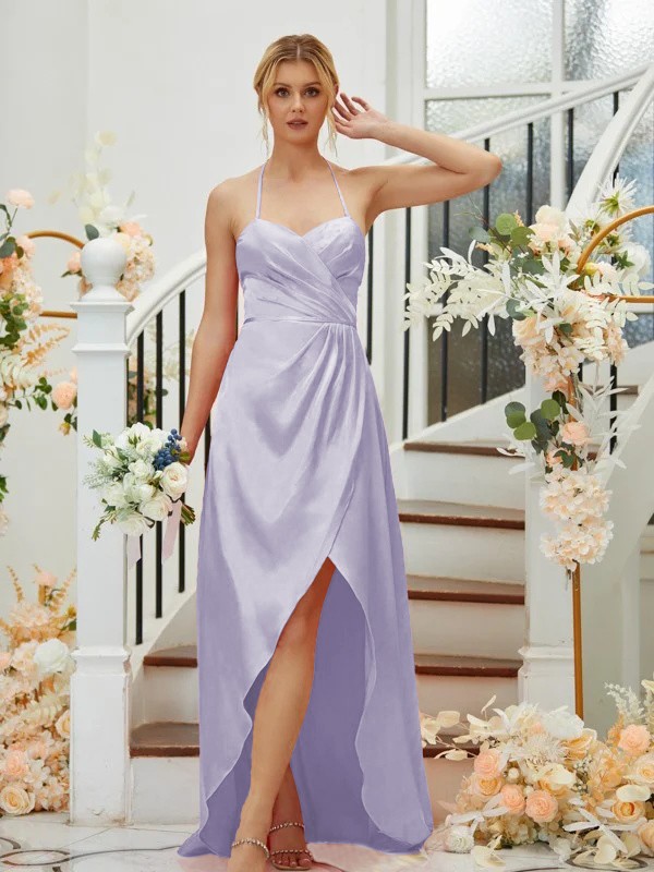 A-Line/Princess Elastic Woven Satin Ruched V-neck Sleeveless Asymmetrical Bridesmaid Dresses 2256