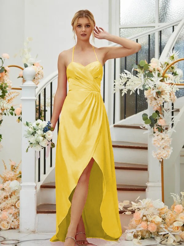 A-Line/Princess Elastic Woven Satin Ruched V-neck Sleeveless Asymmetrical Bridesmaid Dresses 2256