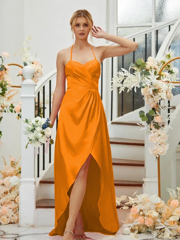 A-Line/Princess Elastic Woven Satin Ruched V-neck Sleeveless Asymmetrical Bridesmaid Dresses 2256