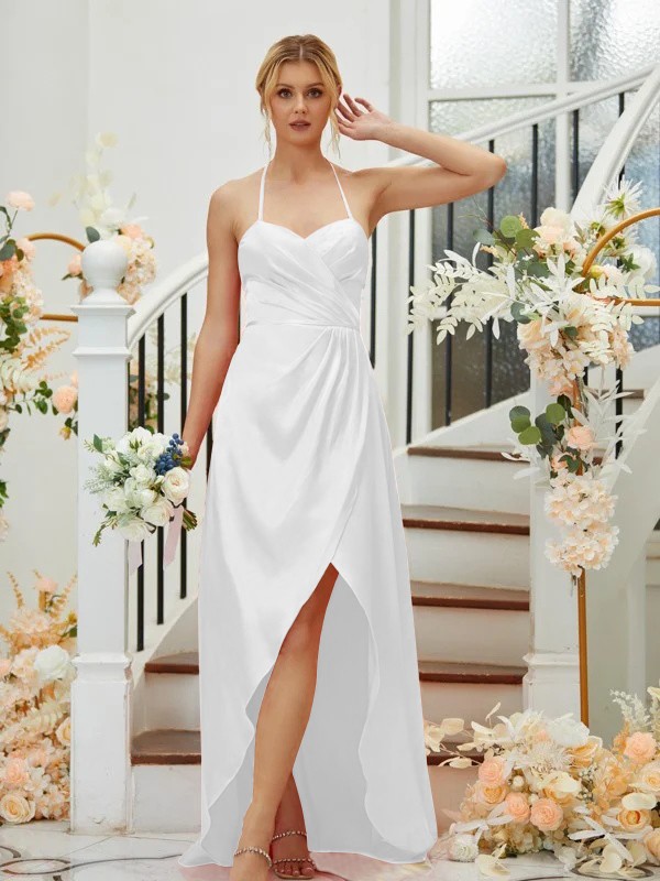 A-Line/Princess Elastic Woven Satin Ruched V-neck Sleeveless Asymmetrical Bridesmaid Dresses 2256