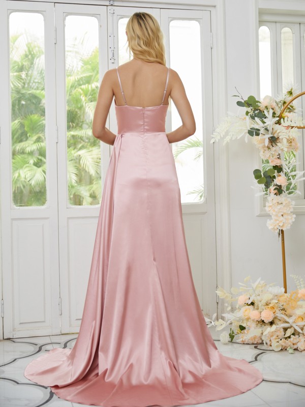 Sheath/Column Elastic Woven Satin Ruched Spaghetti Straps Sleeveless Sweep/Brush Train Bridesmaid Dresses 2930