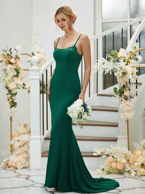 Sheath/Column Jersey Applique Spaghetti Straps Sleeveless Sweep/Brush Train Bridesmaid Dresses 2955