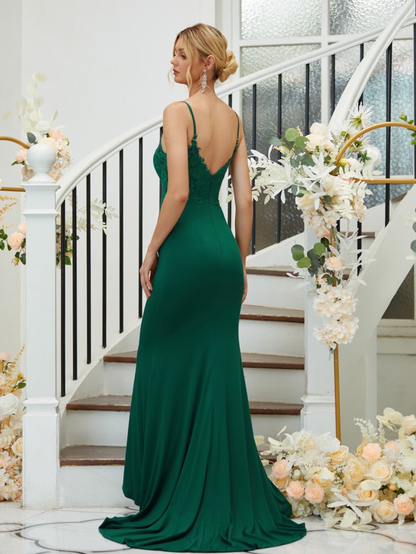 Sheath/Column Jersey Applique Spaghetti Straps Sleeveless Sweep/Brush Train Bridesmaid Dresses 2955