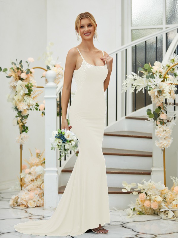 Sheath/Column Jersey Applique Spaghetti Straps Sleeveless Sweep/Brush Train Bridesmaid Dresses 2955