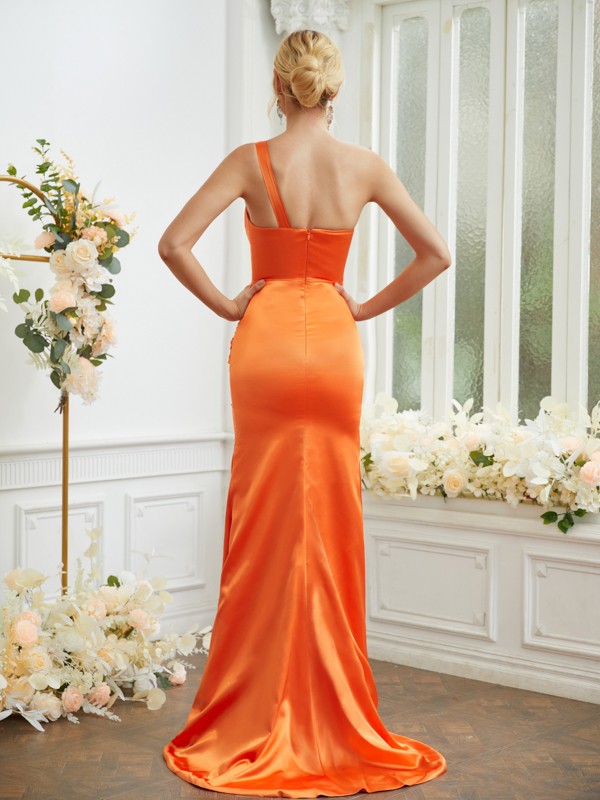 Sheath/Column Elastic Woven Satin Ruched One-Shoulder Sleeveless Sweep/Brush Train Bridesmaid Dresses 2925