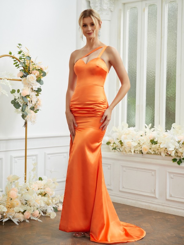 Sheath/Column Elastic Woven Satin Ruched One-Shoulder Sleeveless Sweep/Brush Train Bridesmaid Dresses 2925