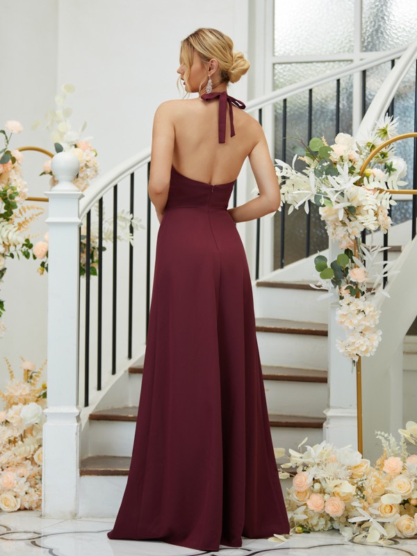 A-Line/Princess Stretch Crepe Ruched Halter Sleeveless Floor-Length Bridesmaid Dresses 2658