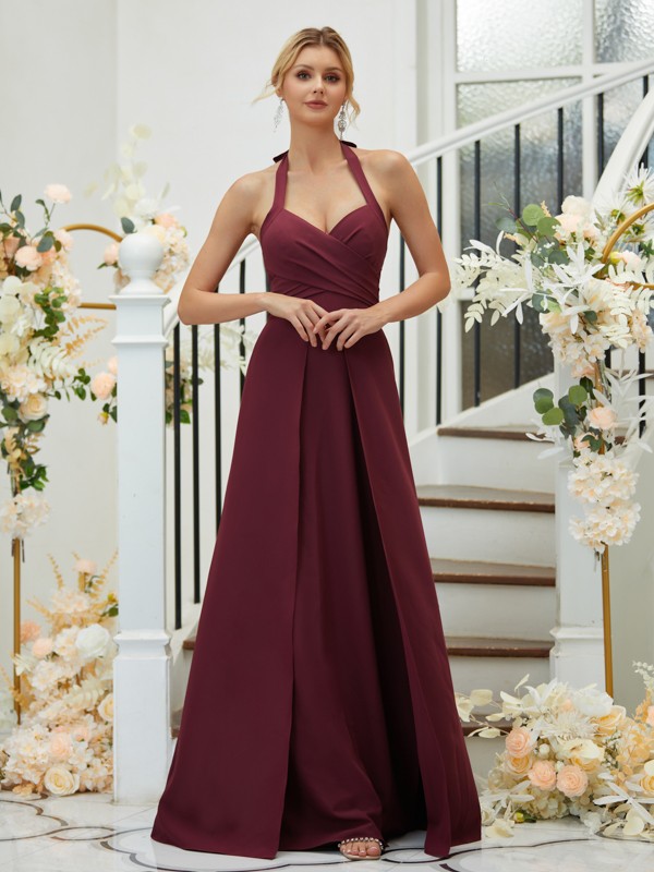 A-Line/Princess Stretch Crepe Ruched Halter Sleeveless Floor-Length Bridesmaid Dresses 2658