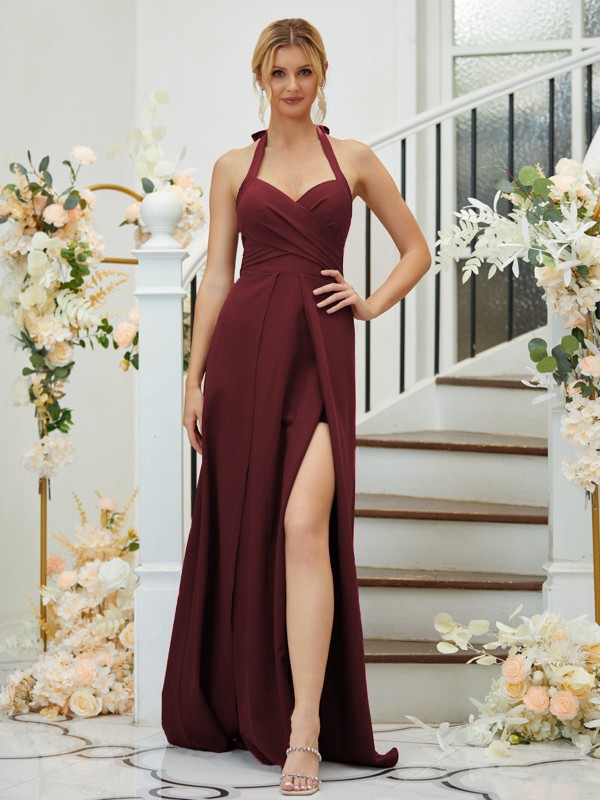 A-Line/Princess Stretch Crepe Ruched Halter Sleeveless Floor-Length Bridesmaid Dresses 2658