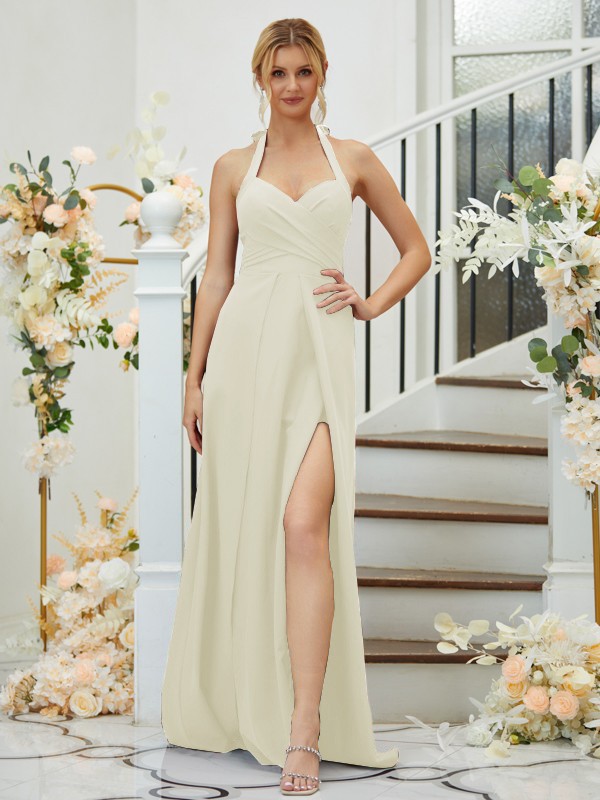 A-Line/Princess Stretch Crepe Ruched Halter Sleeveless Floor-Length Bridesmaid Dresses 2658