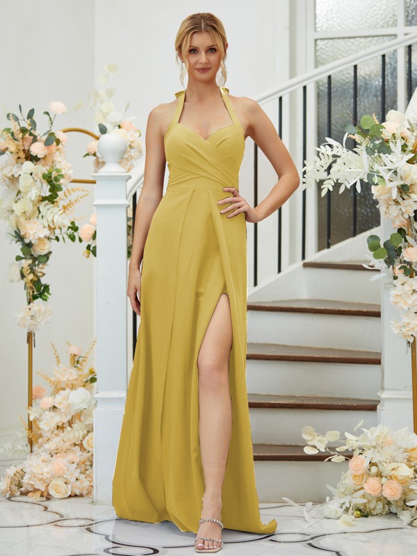 A-Line/Princess Stretch Crepe Ruched Halter Sleeveless Floor-Length Bridesmaid Dresses 2658