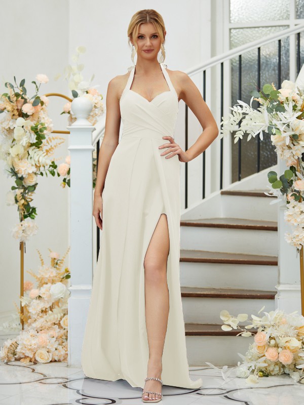 A-Line/Princess Stretch Crepe Ruched Halter Sleeveless Floor-Length Bridesmaid Dresses 2658