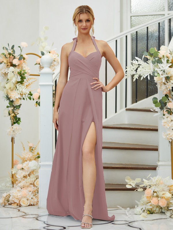 A-Line/Princess Stretch Crepe Ruched Halter Sleeveless Floor-Length Bridesmaid Dresses 2658