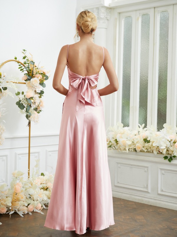 Sheath/Column Elastic Woven Satin Ruched Spaghetti Straps Sleeveless Floor-Length Bridesmaid Dresses 2928