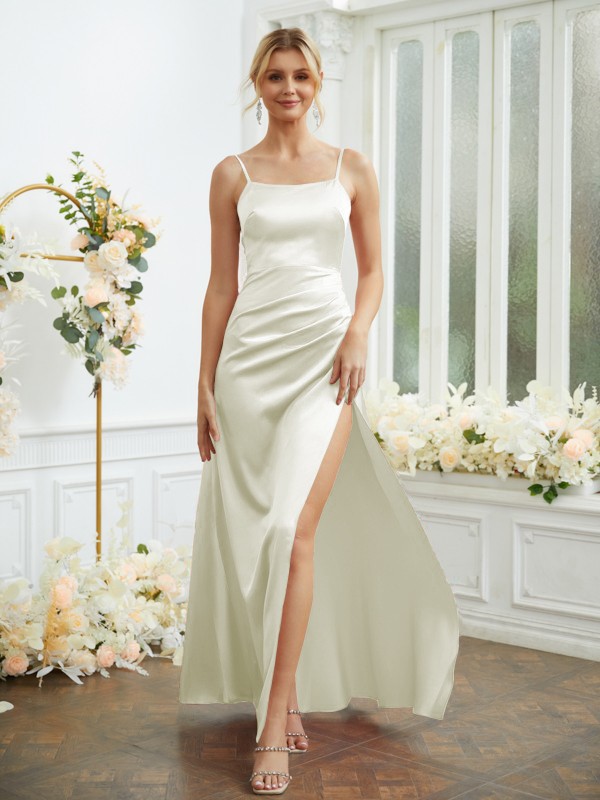 Sheath/Column Elastic Woven Satin Ruched Spaghetti Straps Sleeveless Floor-Length Bridesmaid Dresses 2928