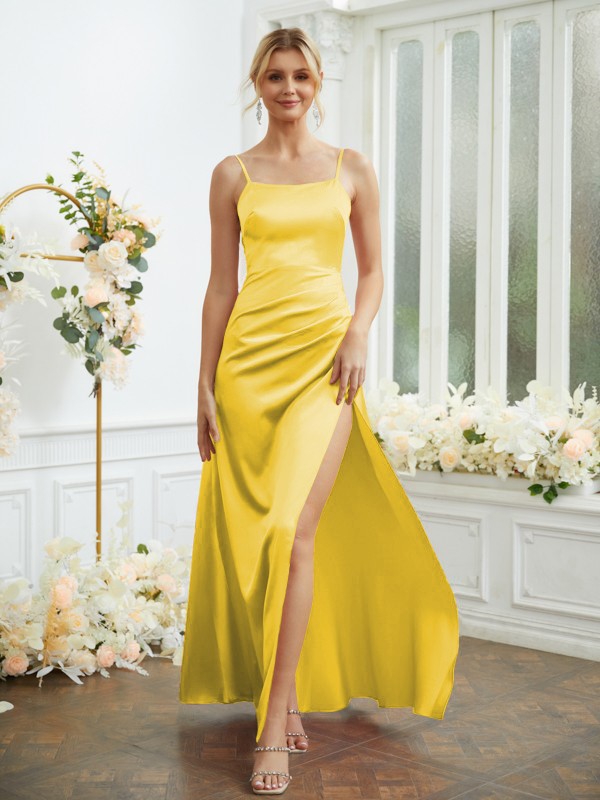 Sheath/Column Elastic Woven Satin Ruched Spaghetti Straps Sleeveless Floor-Length Bridesmaid Dresses 2928