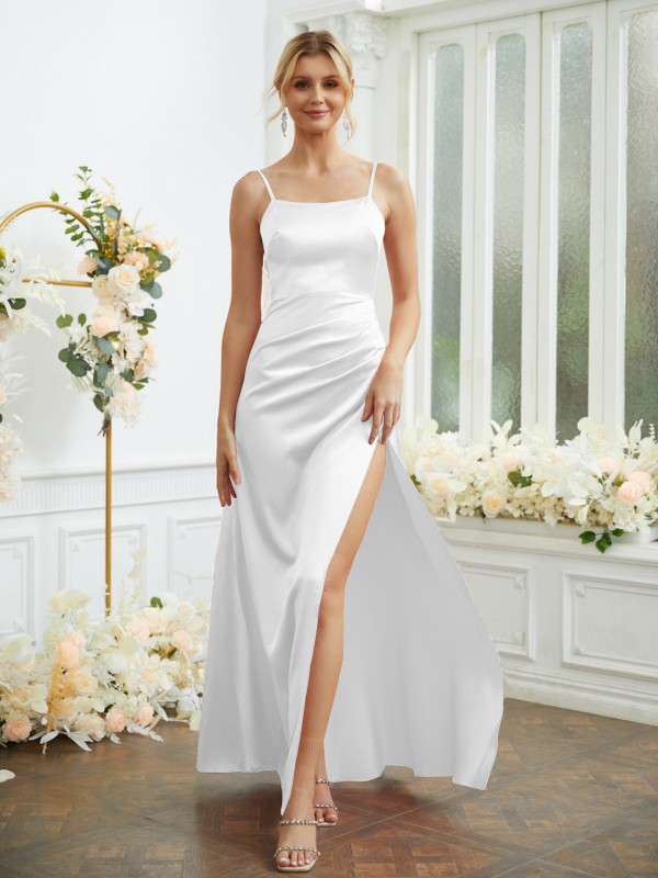 Sheath/Column Elastic Woven Satin Ruched Spaghetti Straps Sleeveless Floor-Length Bridesmaid Dresses 2928