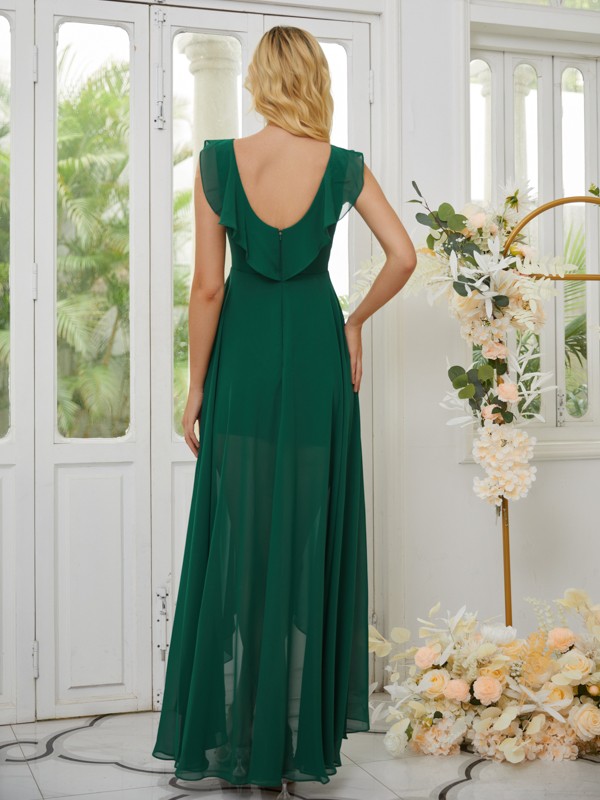 A-Line/Princess Chiffon Ruched V-neck Sleeveless Asymmetrical Bridesmaid Dresses 2176