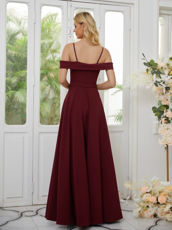 A-Line/Princess Stretch Crepe Ruffles Spaghetti Straps Sleeveless Floor-Length Bridesmaid Dresses 2664