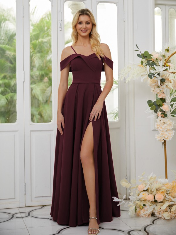 A-Line/Princess Stretch Crepe Ruffles Spaghetti Straps Sleeveless Floor-Length Bridesmaid Dresses 2664