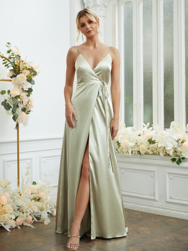 A-Line/Princess Silk like Satin V-neck Sleeveless Floor-Length Bridesmaid Dresses 2498