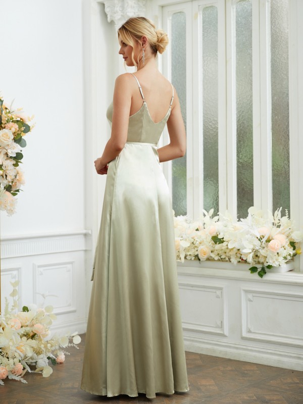 A-Line/Princess Silk like Satin V-neck Sleeveless Floor-Length Bridesmaid Dresses 2498