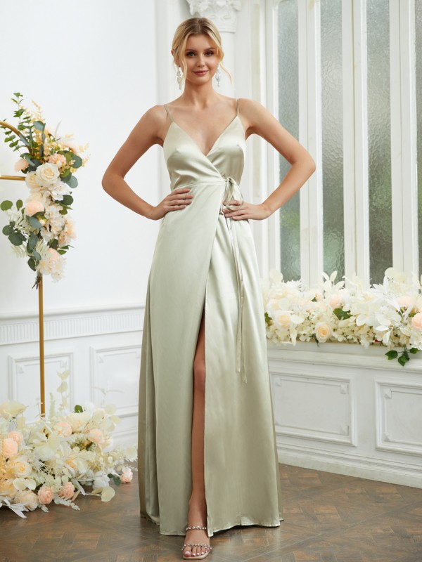 A-Line/Princess Silk like Satin V-neck Sleeveless Floor-Length Bridesmaid Dresses 2498