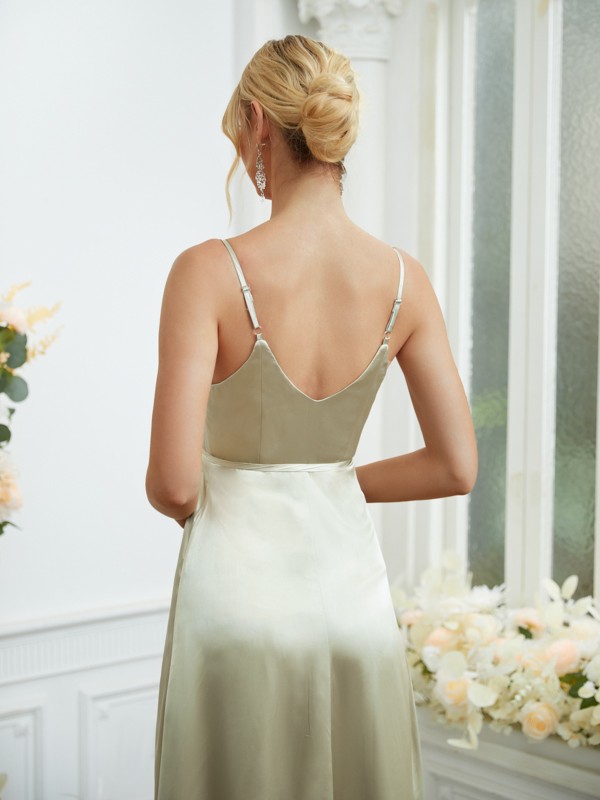 A-Line/Princess Silk like Satin V-neck Sleeveless Floor-Length Bridesmaid Dresses 2498