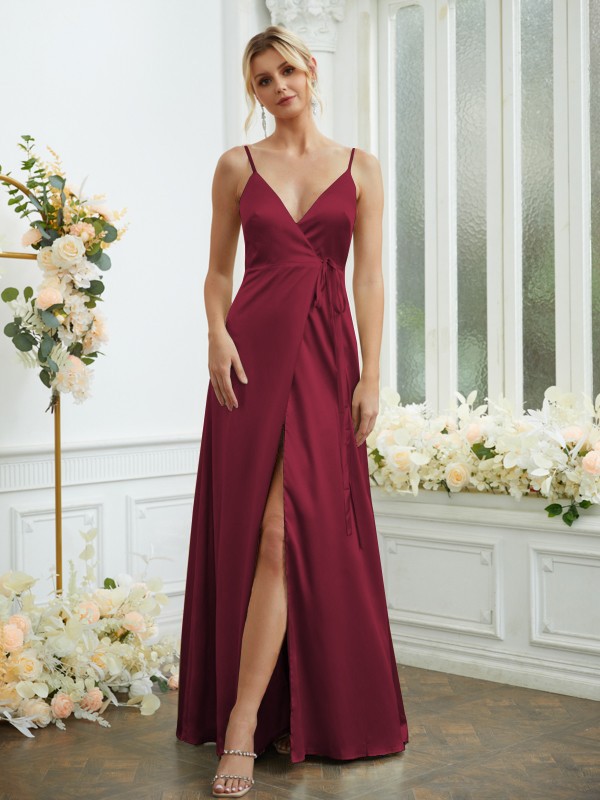 A-Line/Princess Silk like Satin V-neck Sleeveless Floor-Length Bridesmaid Dresses 2498