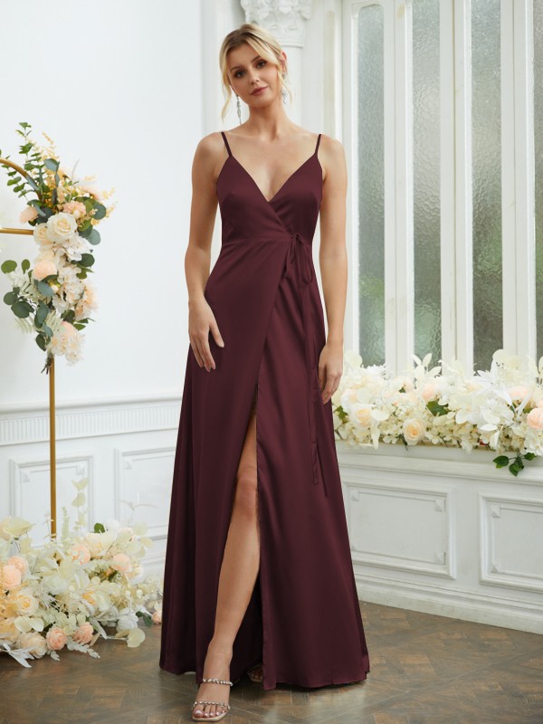 A-Line/Princess Silk like Satin V-neck Sleeveless Floor-Length Bridesmaid Dresses 2498