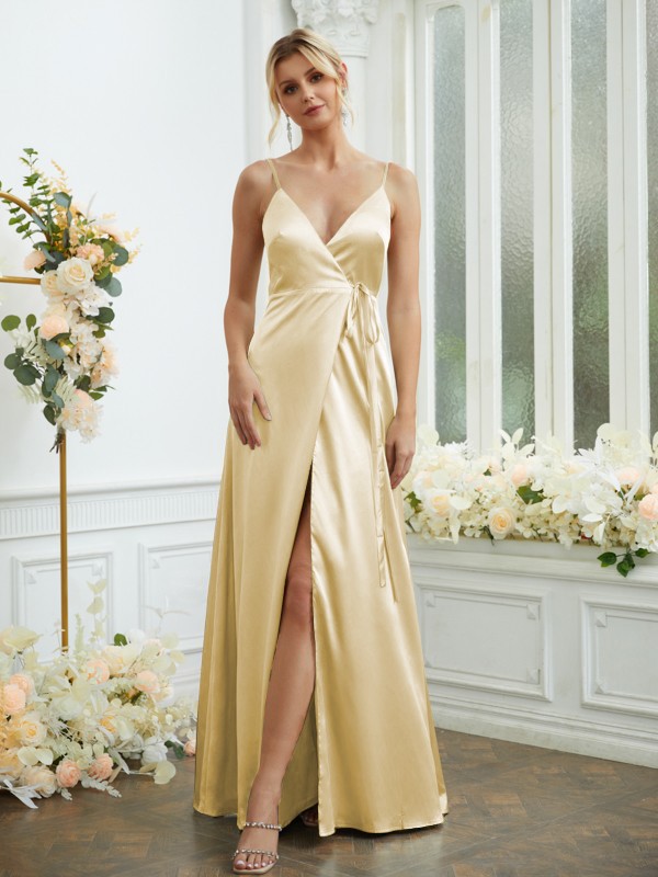 A-Line/Princess Silk like Satin V-neck Sleeveless Floor-Length Bridesmaid Dresses 2498