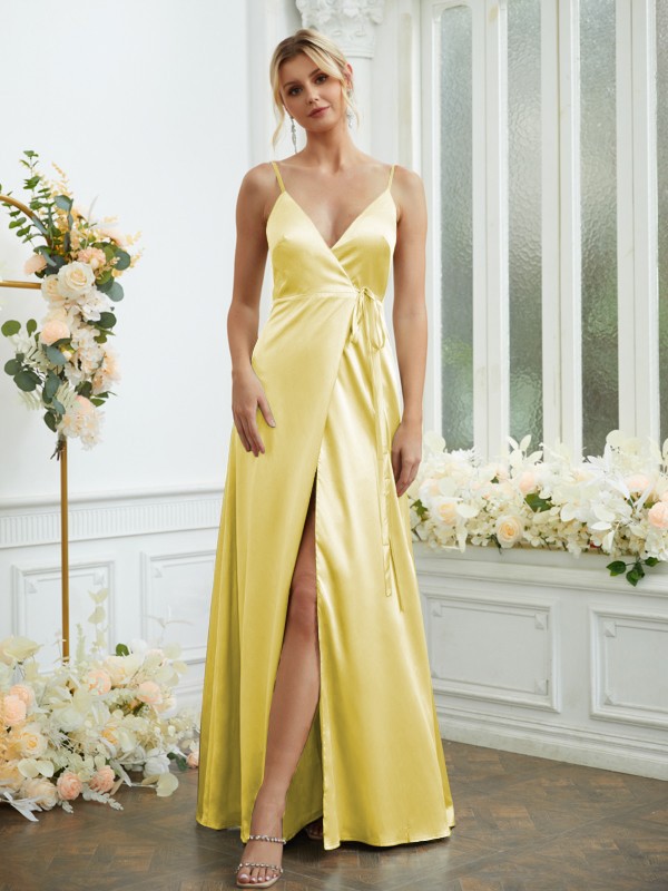 A-Line/Princess Silk like Satin V-neck Sleeveless Floor-Length Bridesmaid Dresses 2498