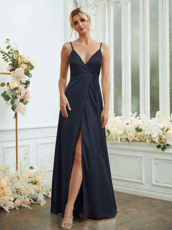 A-Line/Princess Silk like Satin V-neck Sleeveless Floor-Length Bridesmaid Dresses 2498