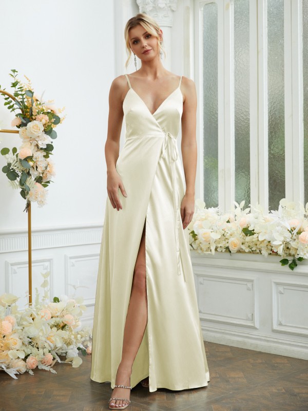 A-Line/Princess Silk like Satin V-neck Sleeveless Floor-Length Bridesmaid Dresses 2498