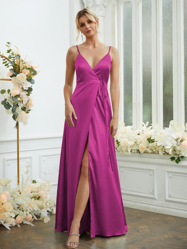 A-Line/Princess Silk like Satin V-neck Sleeveless Floor-Length Bridesmaid Dresses 2498