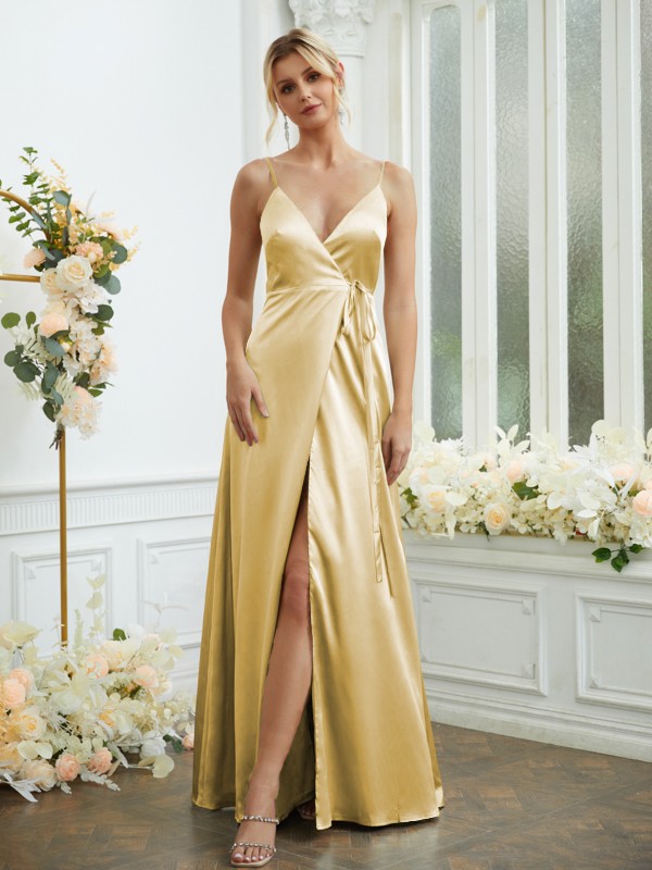 A-Line/Princess Silk like Satin V-neck Sleeveless Floor-Length Bridesmaid Dresses 2498